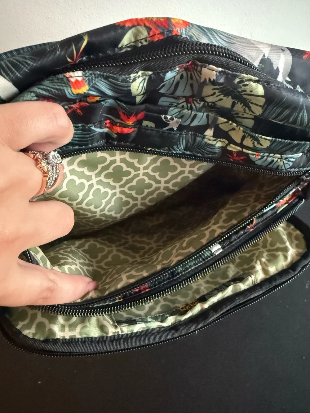 lug Quilted Crossbody Bag in Black with Green and Red Tropical Print